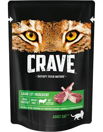 Купить crave влажный корм для взрослых кошек с ягненком в желе (пауч)