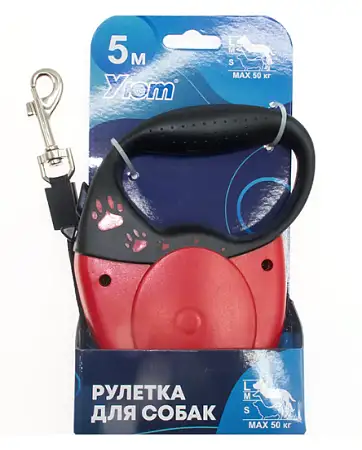 Купить Уют рулетка для собак с комфортной ручкой, ремень, красная c лапками